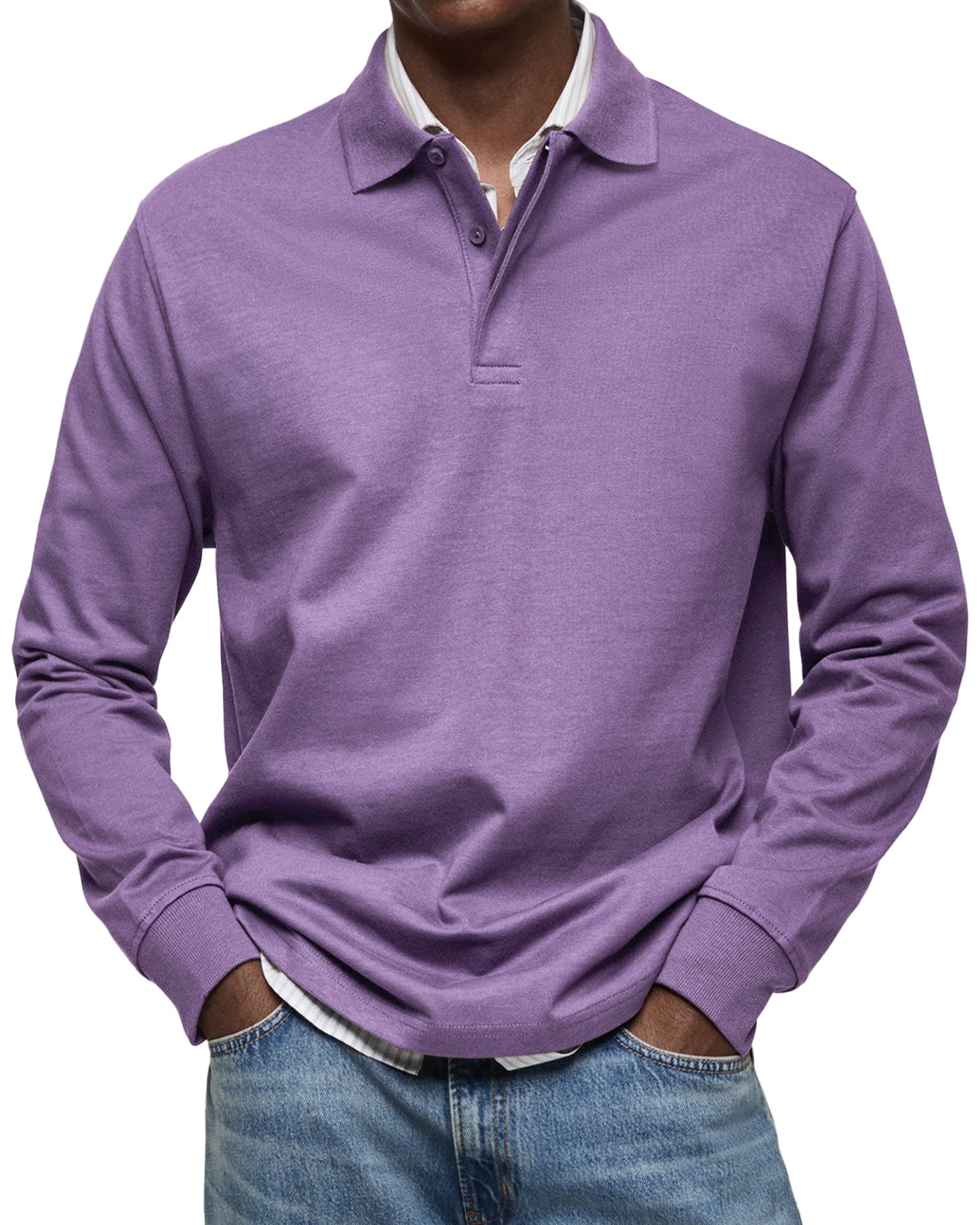 Men's Long Sleeve Polo Shirt with Button Collar and Cuffed