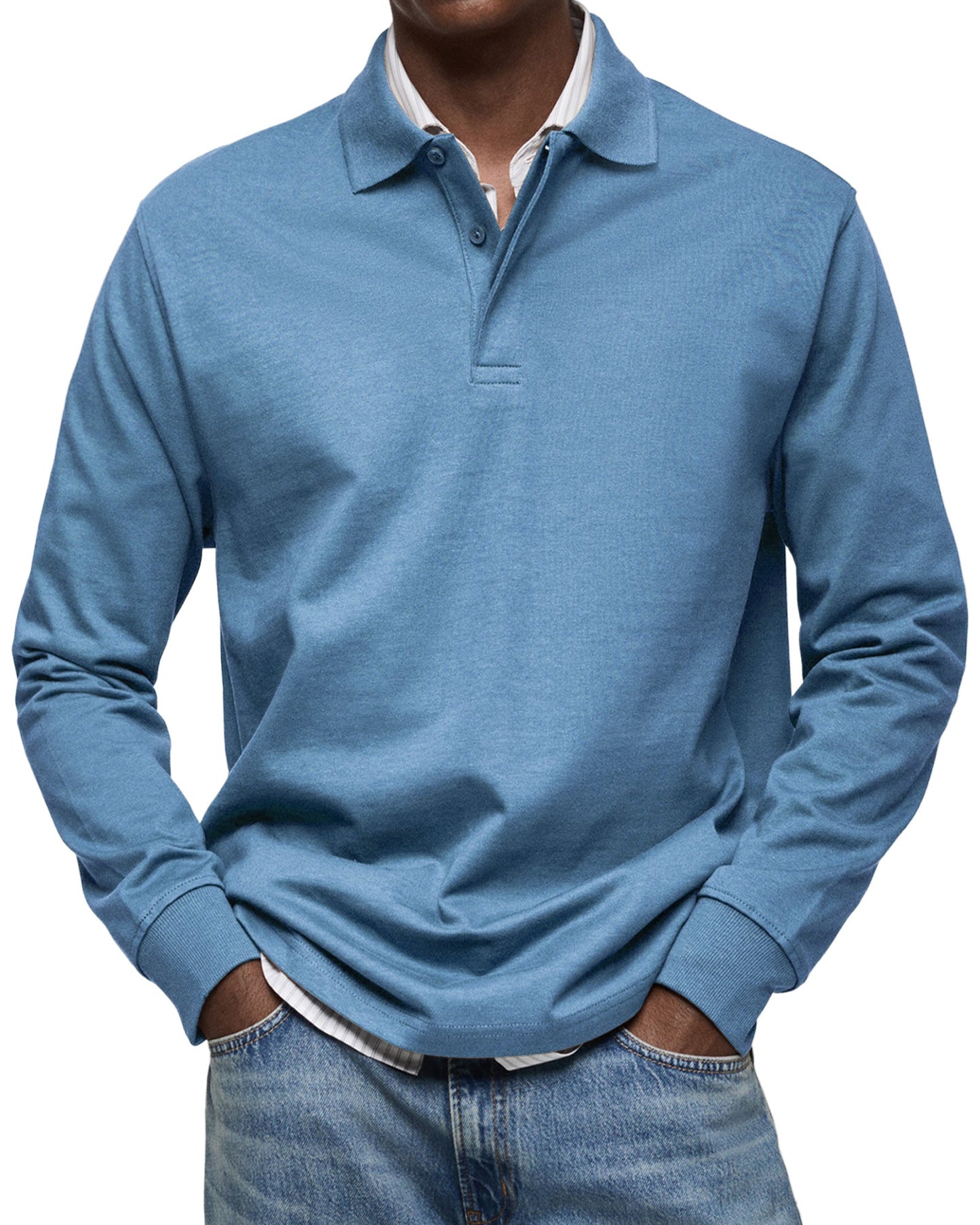 Men's Long Sleeve Polo Shirt with Button Collar and Cuffed
