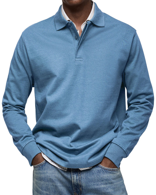 Men's Long Sleeve Polo Shirt with Button Collar and Cuffed