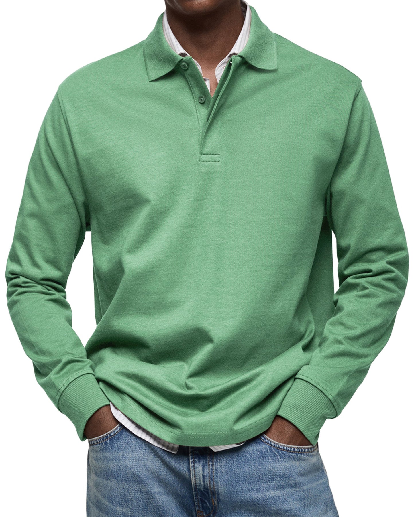 Men's Long Sleeve Polo Shirt with Button Collar and Cuffed