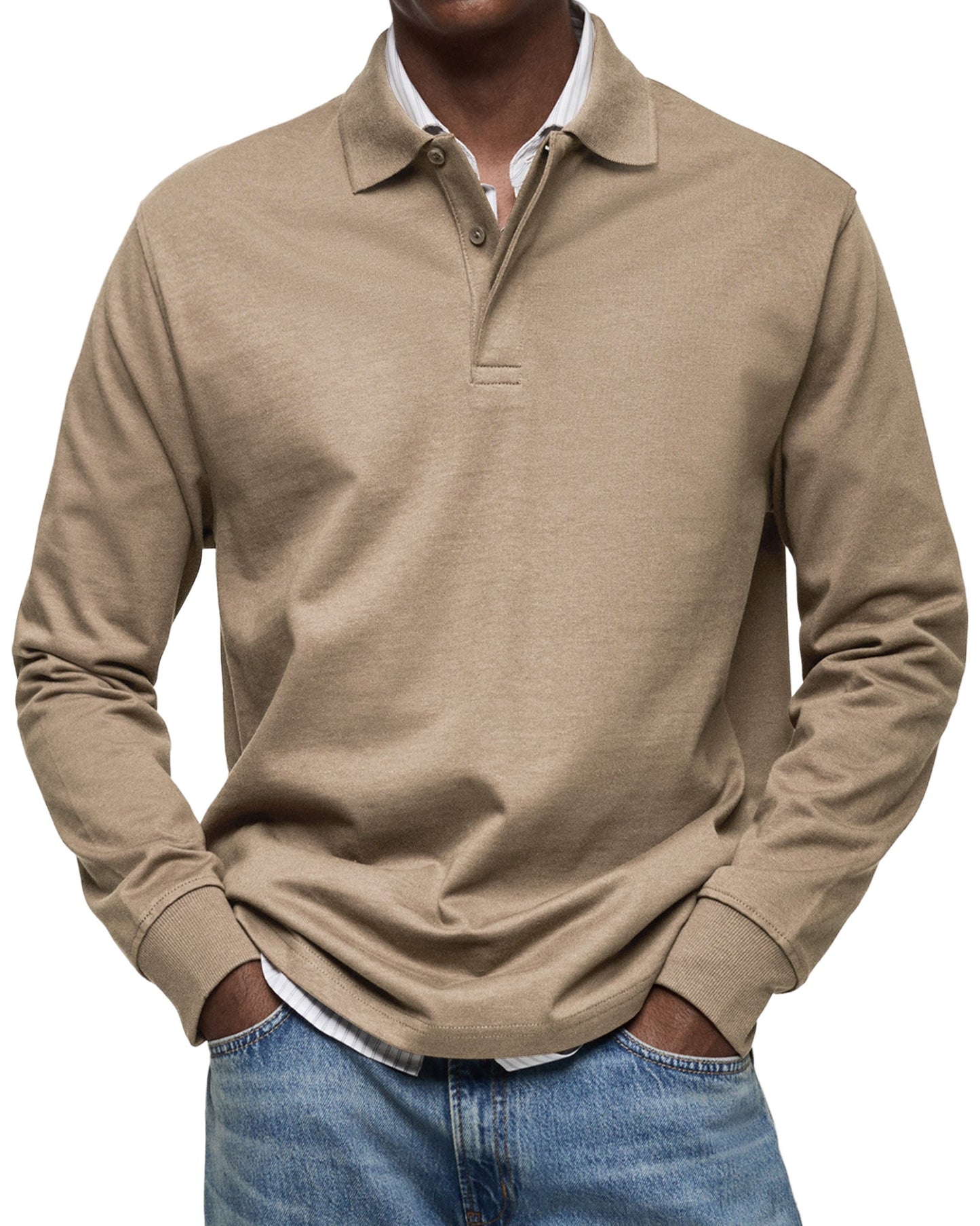 Men's Long Sleeve Polo Shirt with Button Collar and Cuffed