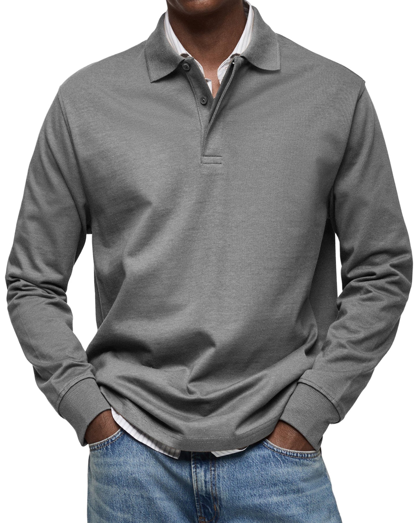 Men's Long Sleeve Polo Shirt with Button Collar and Cuffed