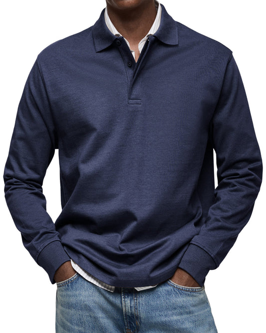 Men's Long Sleeve Polo Shirt with Button Collar and Cuffed
