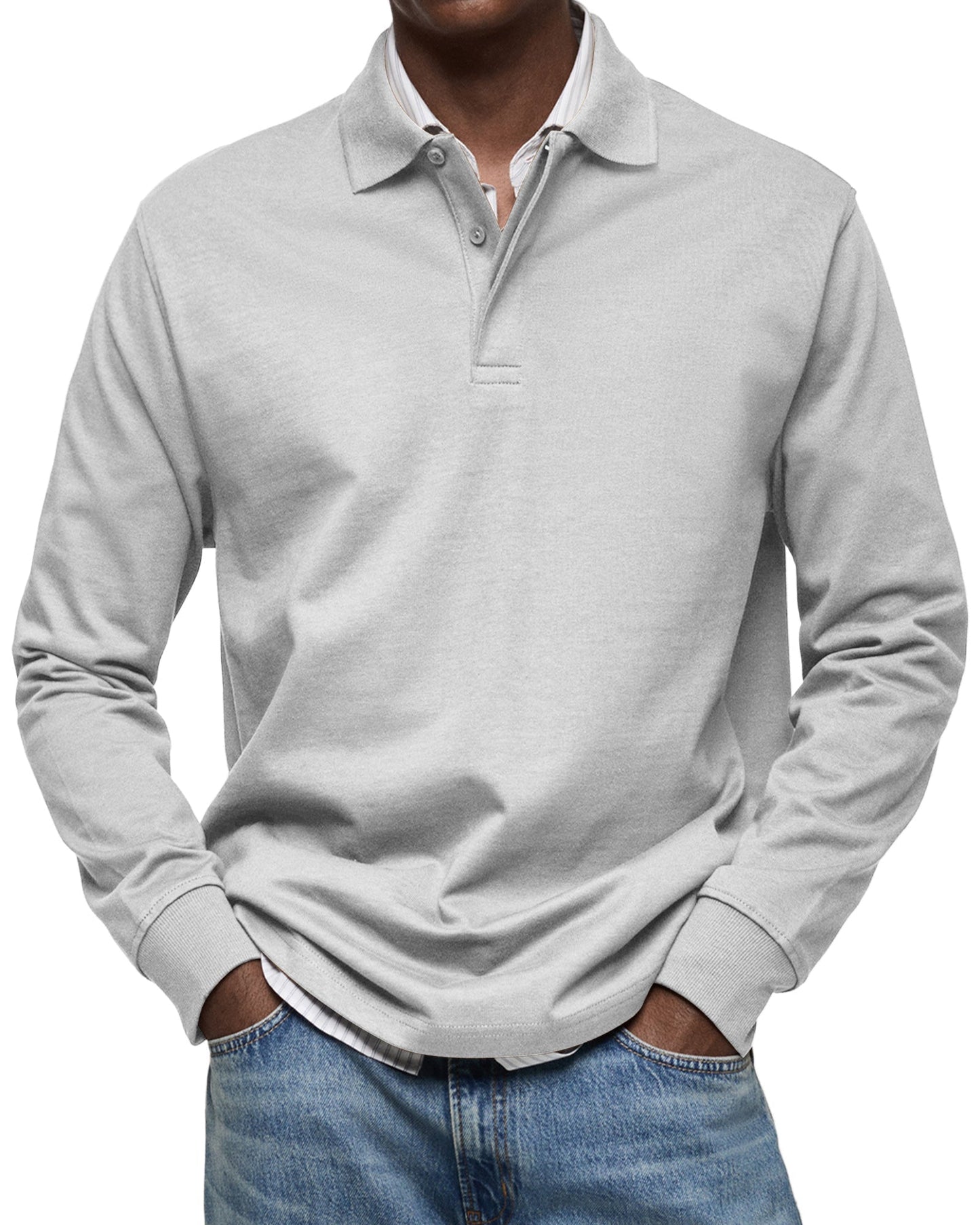 Men's Long Sleeve Polo Shirt with Button Collar and Cuffed
