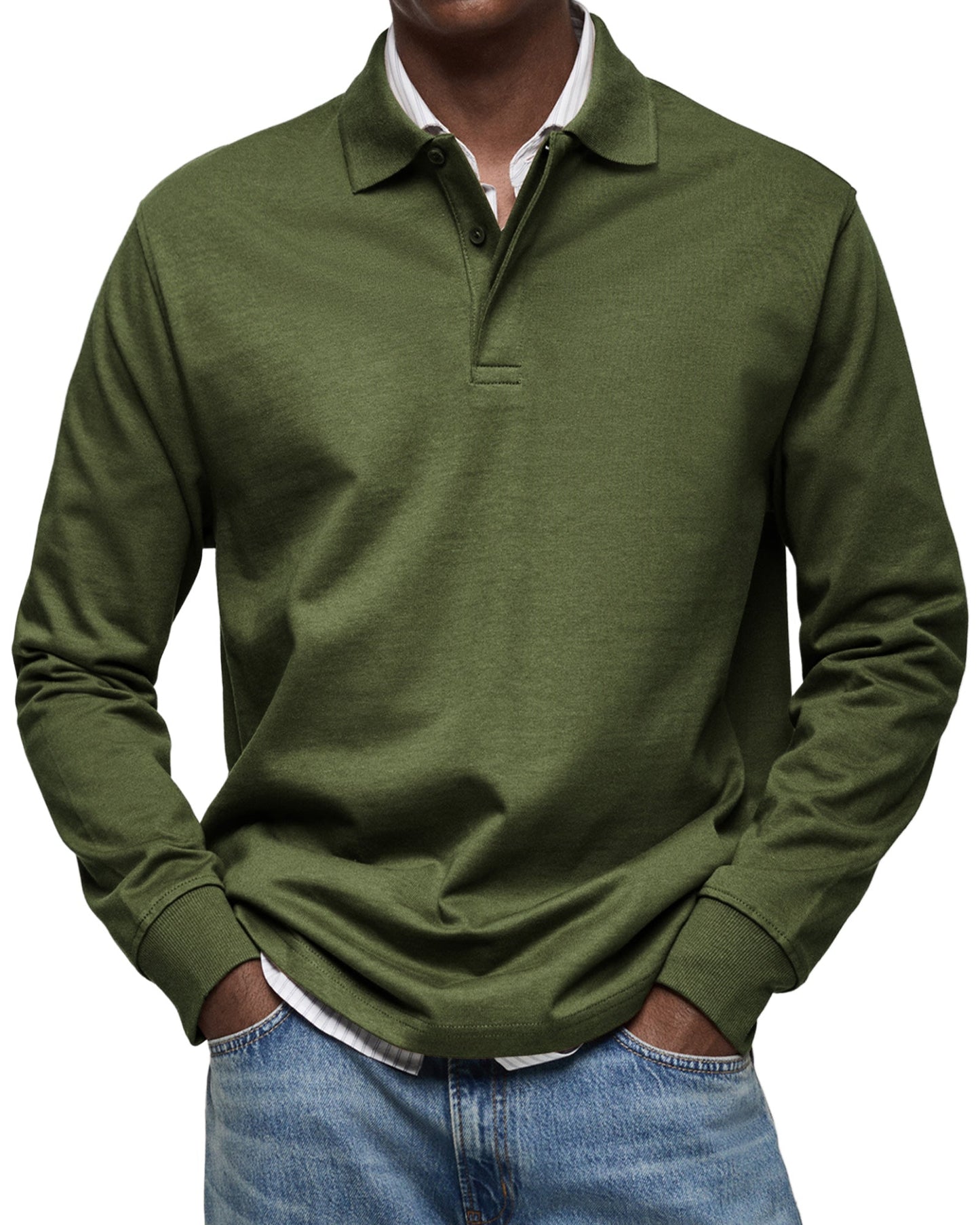 Men's Long Sleeve Polo Shirt with Button Collar and Cuffed